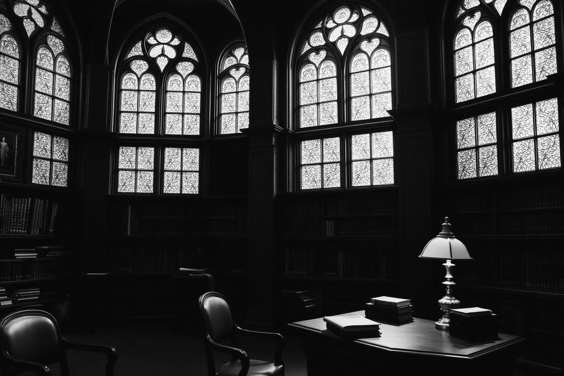 A shadowed reading room at dusk
